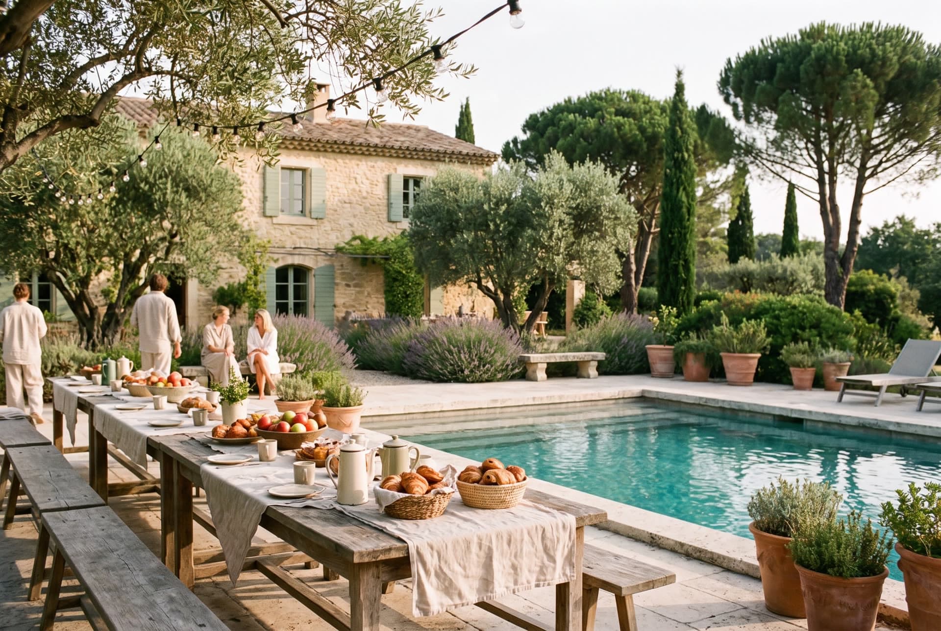 Brunch du lendemain au bord de la piscine, longue table de viennoiseries et de café face à la maison en pierre