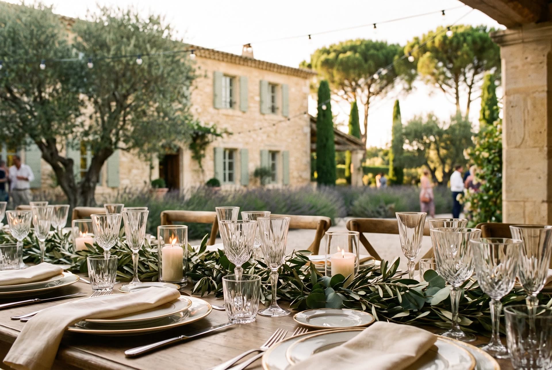 Table de dîner de mariage dressée : verrerie, vaisselle à filet doré, bougies et chemin de table en feuillage d’olivier