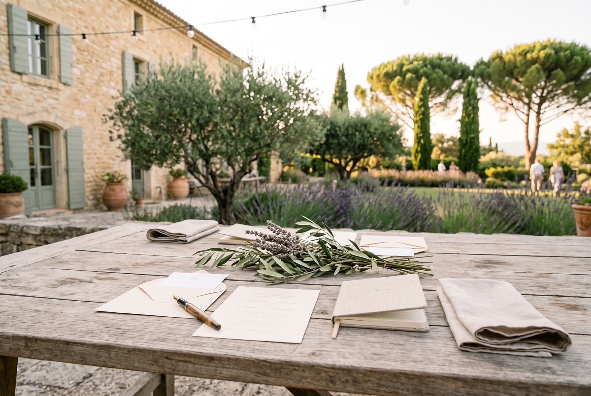 Faire-part, carnet, brin d’olivier et de lavande posés sur une table en bois, préparatifs de mariage