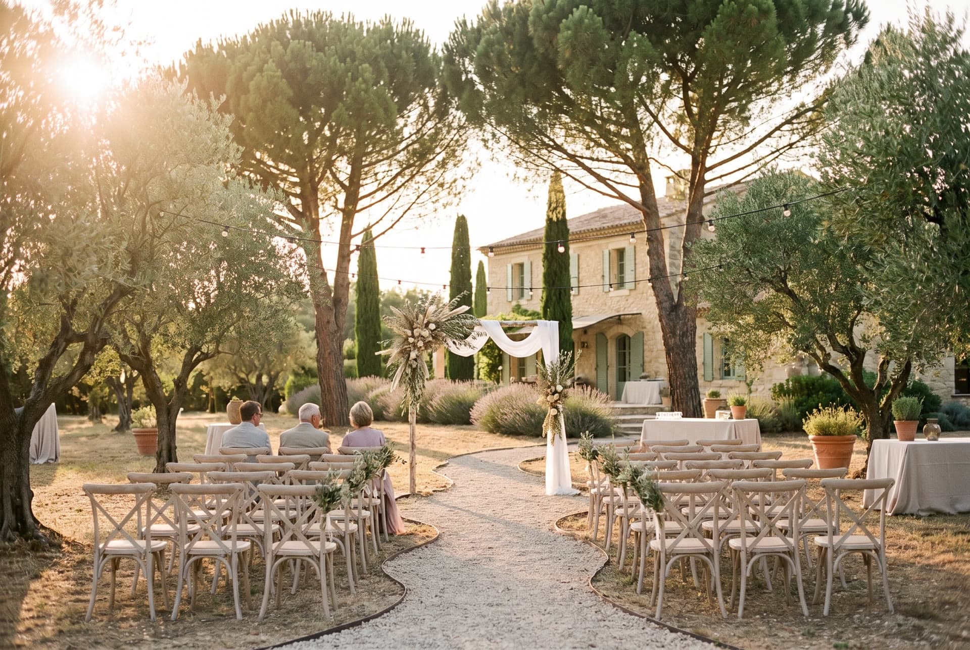 Cérémonie de mariage dressée dans le parc du domaine à l’heure dorée, chaises en bois, arche fleurie et oliviers
