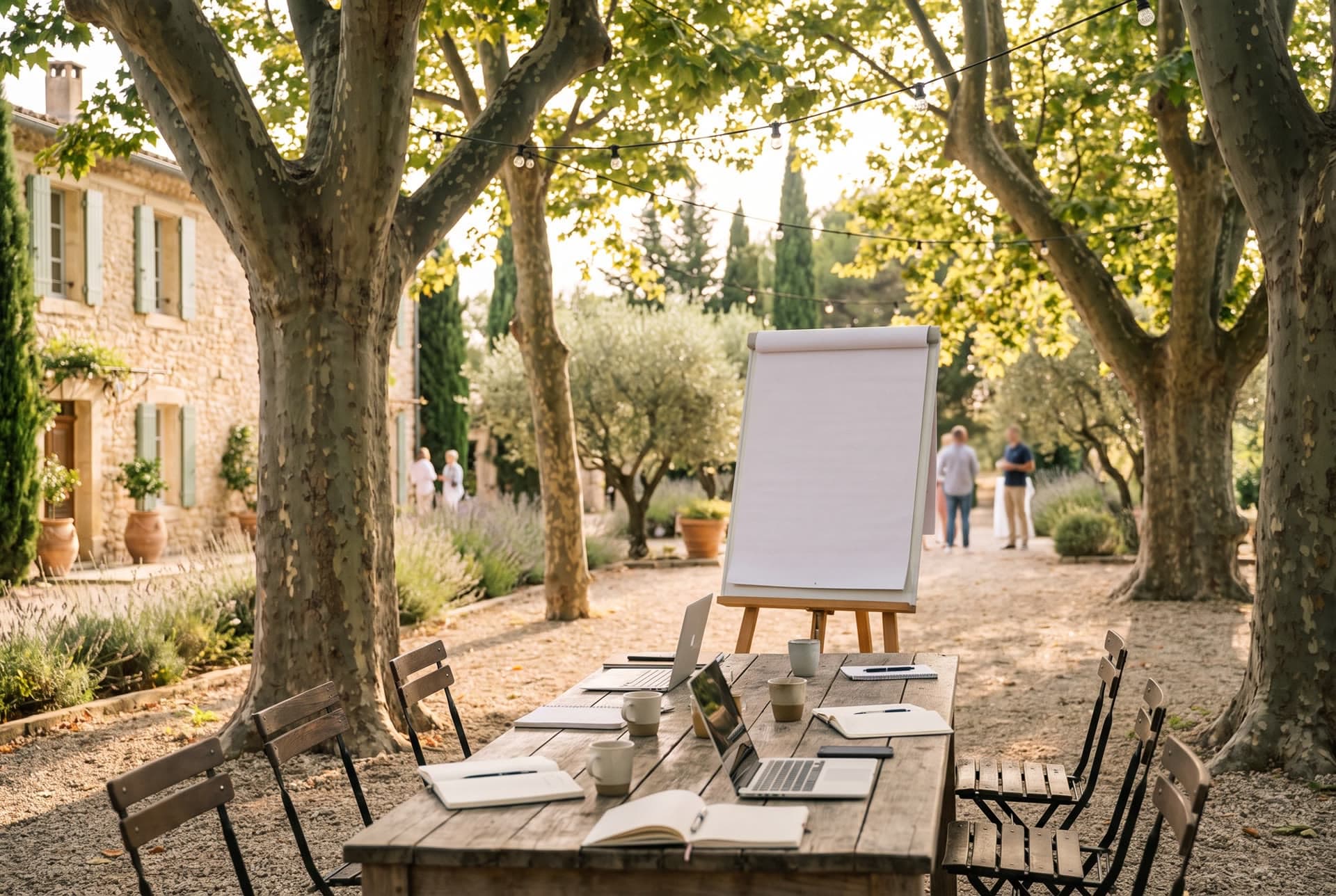 Atelier de séminaire installé en plein air sous les platanes : grande table, ordinateurs, carnets et paperboard
