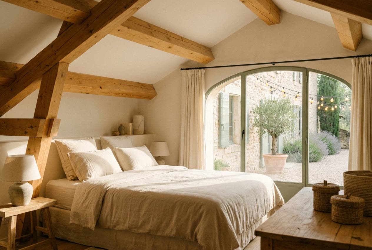 Chambre mansardée aux tons crème, poutres apparentes et grande baie