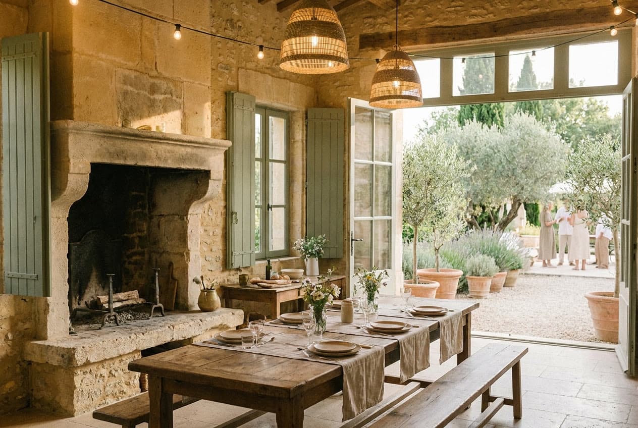 Cuisine de la maison principale avec sa cheminée en pierre et sa grande table en bois