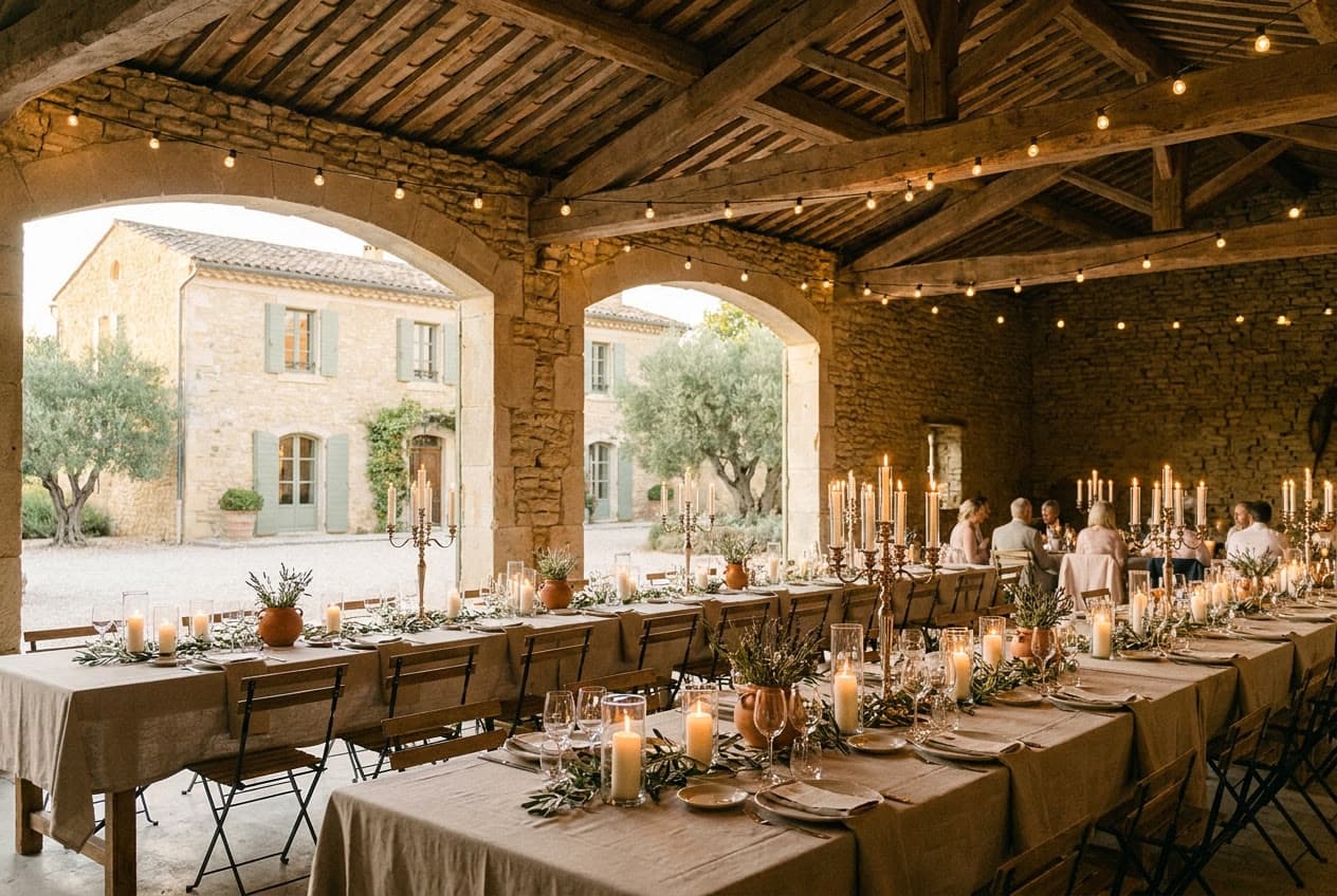 Longue salle de banquet éclairée à la bougie sous une charpente en bois
