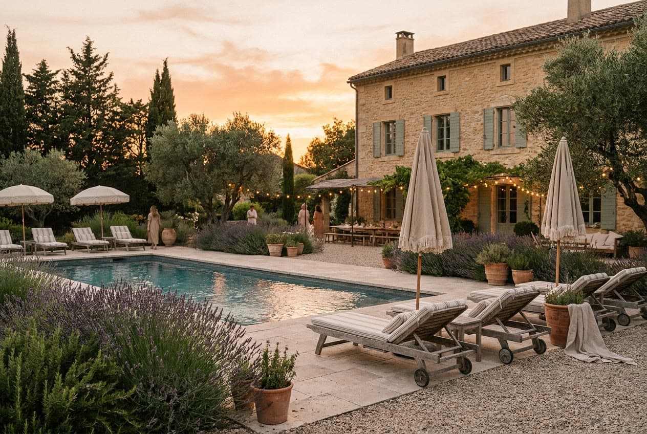Piscine du domaine au soleil couchant, transats en bois et parasols à franges au milieu des romarins