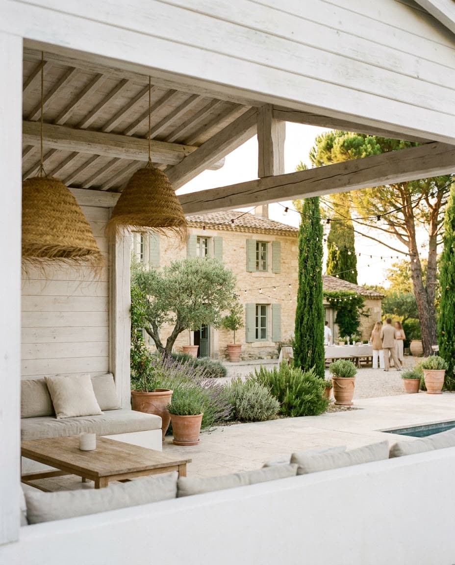 Pool house habillé de bois blanc avec ses abat-jour en paille