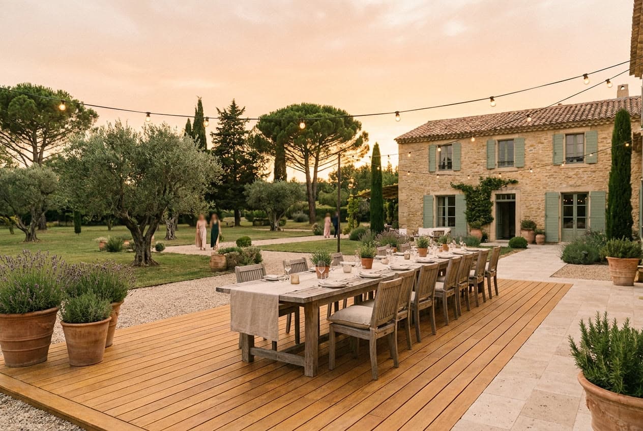 Terrasse en bois et sa grande tablée face au parc