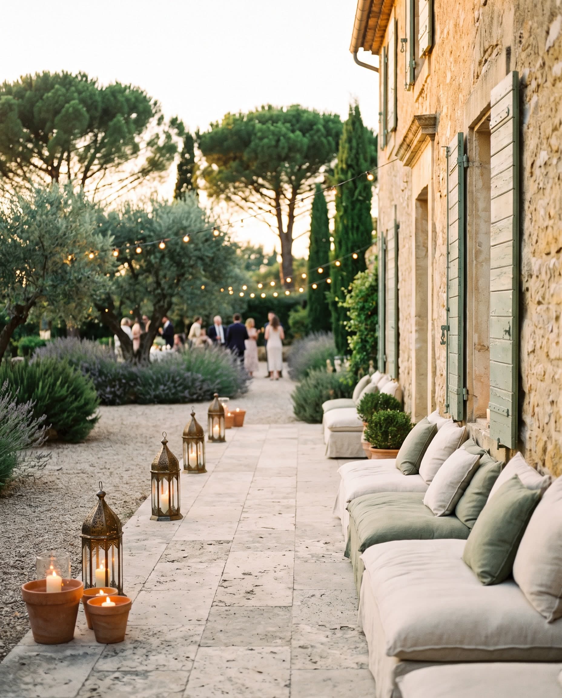 Terrasse en travertin bordée de lanternes et de plantes méditerranéennes au coucher du soleil