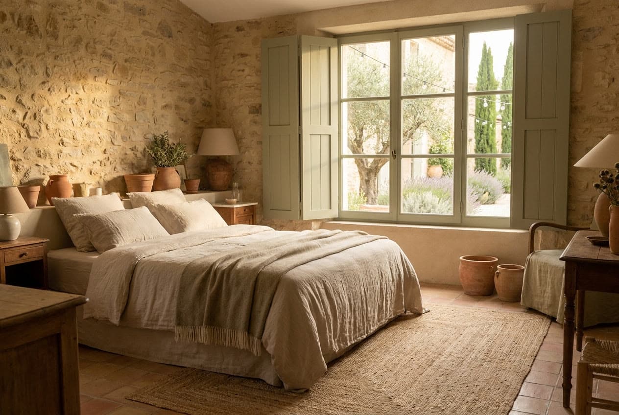 Chambre à la décoration naturelle, lit double et tapis tressé