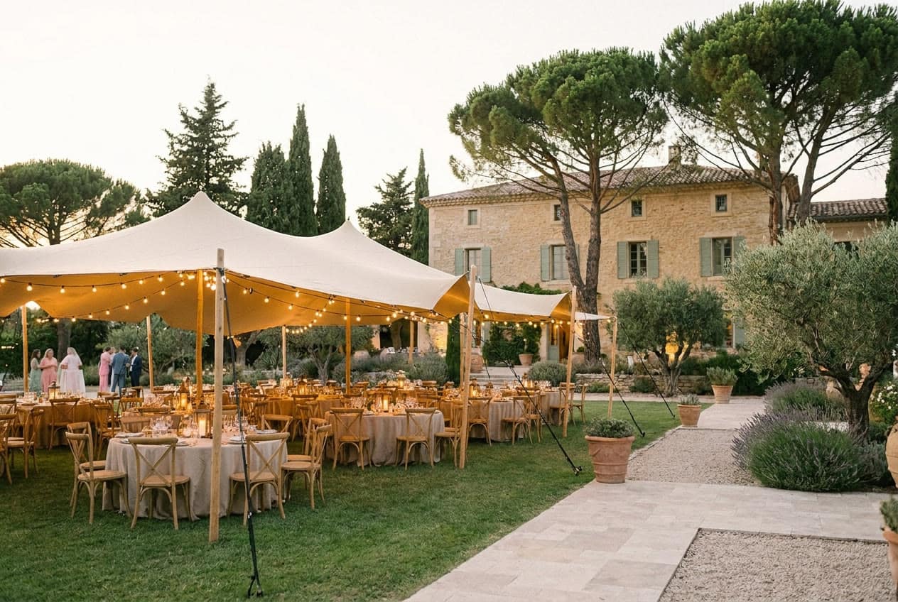 Dîner de mariage dressé au crépuscule, guirlandes lumineuses et lanternes dans le parc du domaine